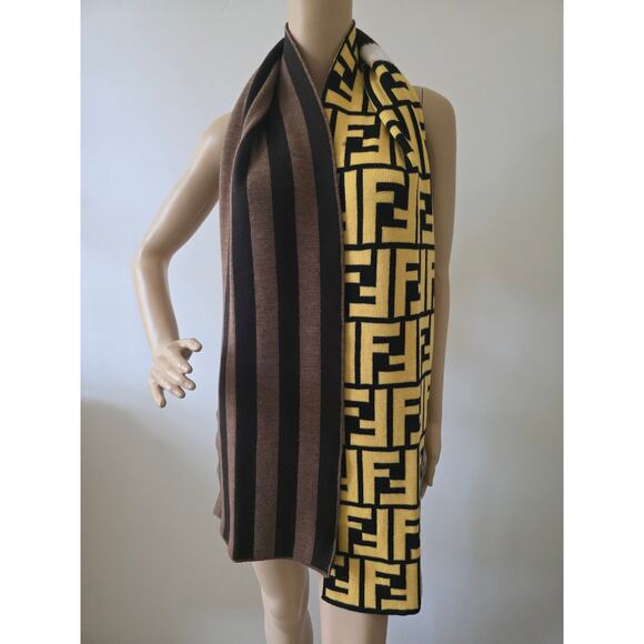 Fendi yellow brown FF Logo Printed Wool reversible scarf - Picture 6 of 10